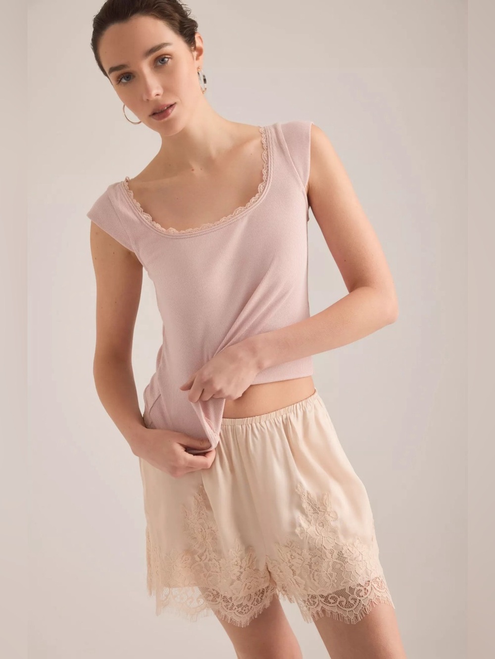 NWT Anthropologie Maeve Lace-Trimmed Cap Sleeve Top, Ribbed, Frosty Pink, M